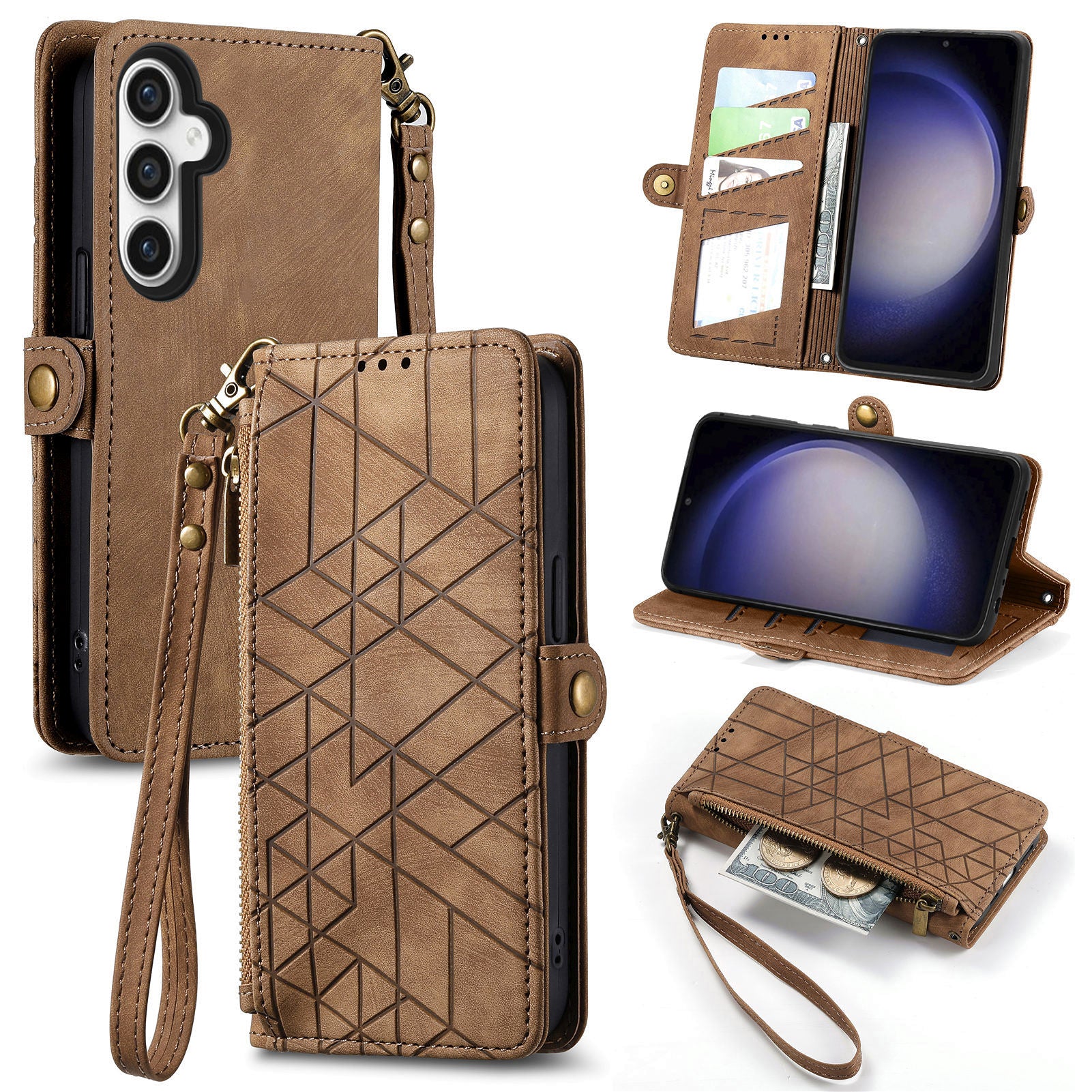 For Samsung Galaxy S23 FE PU Leather Phone Case Geometry Imprinted Wallet Zipper Pocket Stand Cover with Strap For Samsung Galaxy S23 FE PU Leather Phone Case Geometry Imprinted Wallet Zipper Pocket Stand Cover with Strap